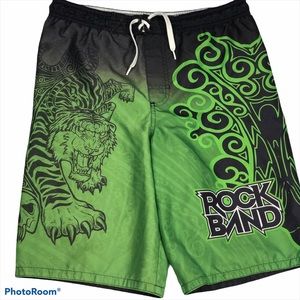 Rock Band Board Shorts Size 14 - 18 Tiger & Skull Graphics Black & Green Swim